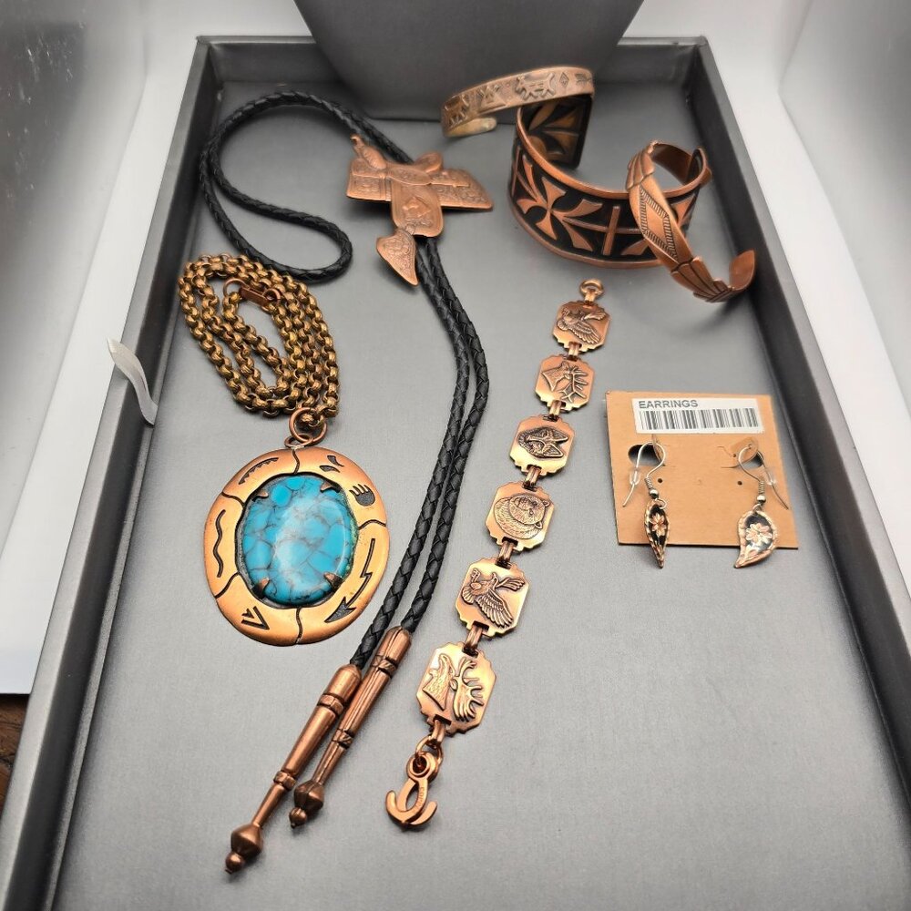 VTG Southwestern Copper & Turquoise Jewelry Equestrian Western Signed Lot of 7 - Picture 1 of 11